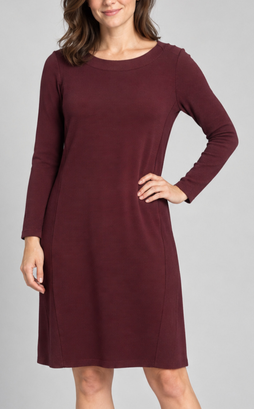 J.Jill Wearever PM Burgundy Ribbed Knit Dress Boat Neck Long Sleeve Classic